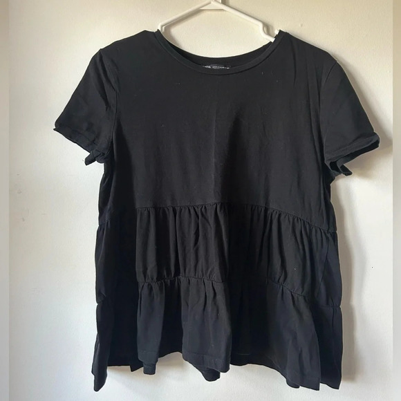 Zara Black  Ruffle T Shirt - Picture 1 of 3